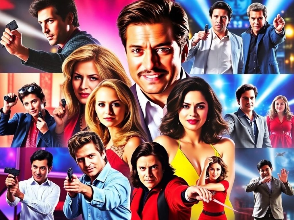 Vedete de cinema într-un colaj vibrant de filme populare.