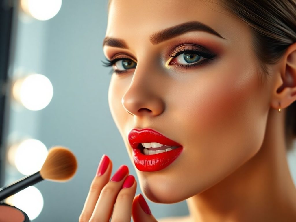 Modelă feminină aplicând ruj roșu intens, cu ochi fumurii aurii.
