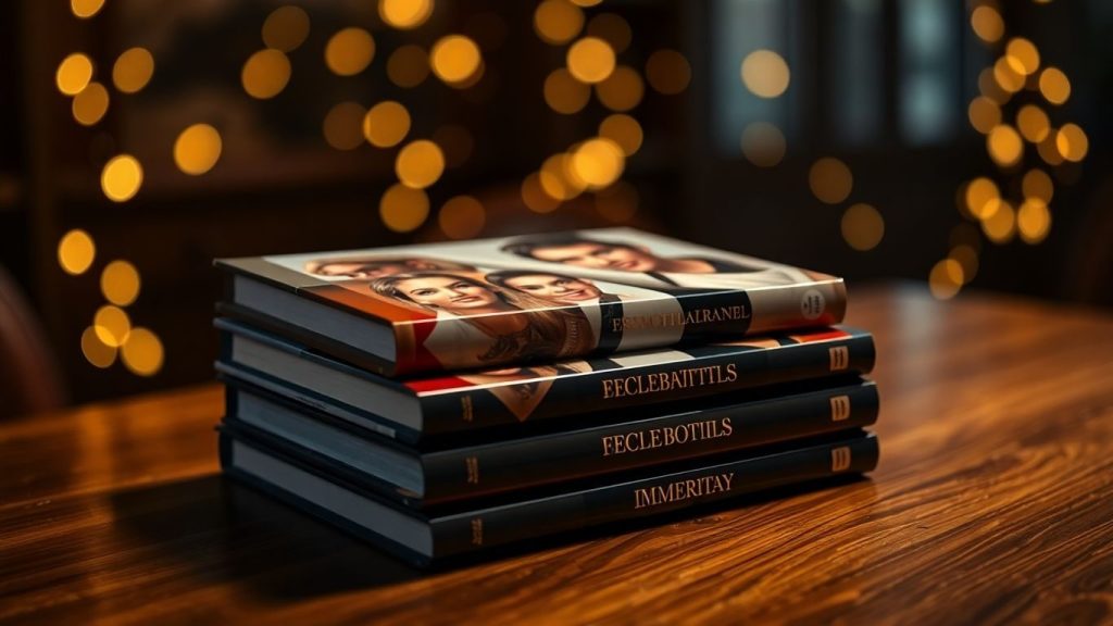 Cărțile biografice ale vedetelor: Povestiri din culisele vieții lor 1 Cărți biografice cu vedete pe copertă, pe o masă.